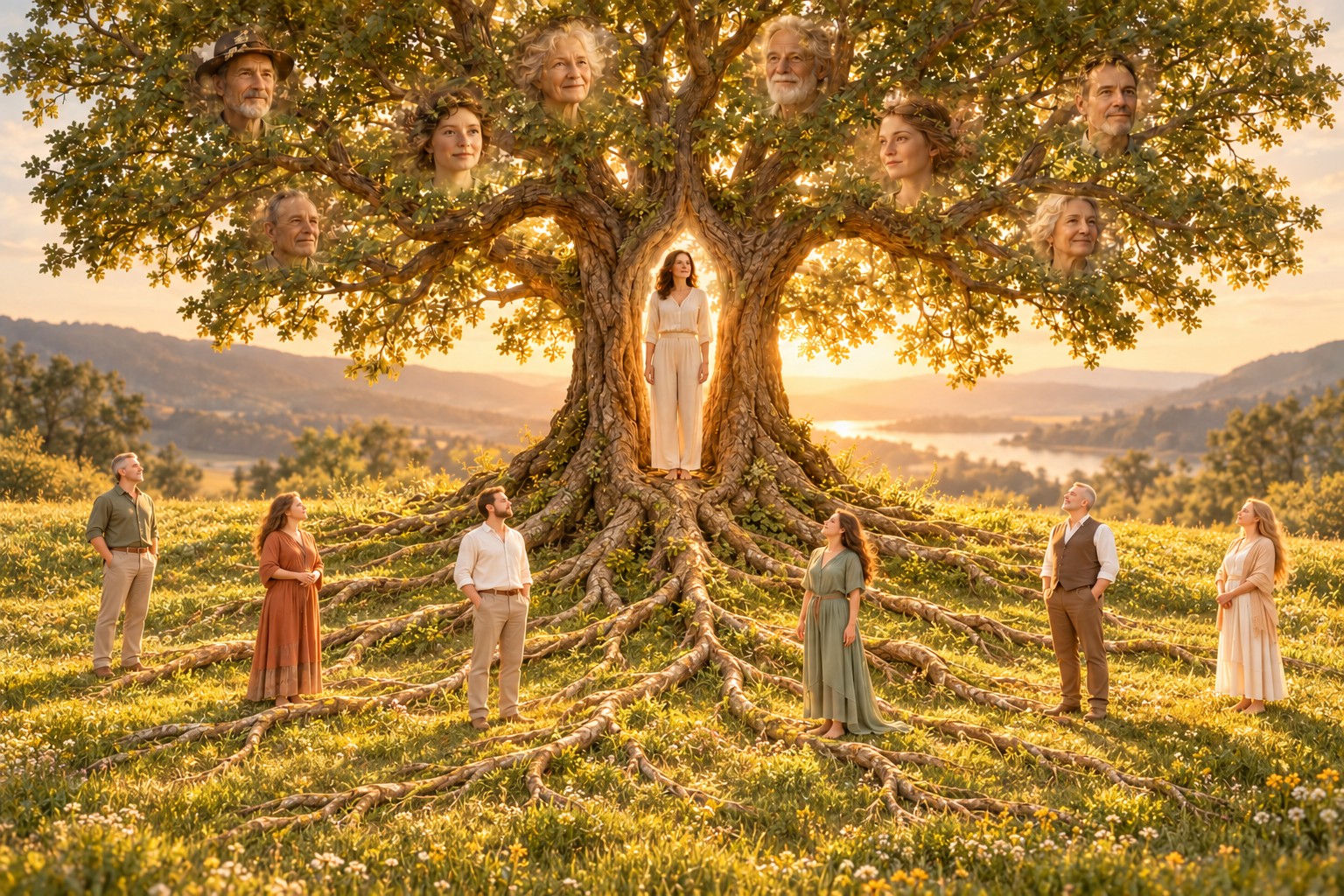 Symbolisches Bild: Ein Mensch in einem Baum, Vertreter an seinen sichtbaren Wurzeln und Ahnengesichter in der Baumkrone.