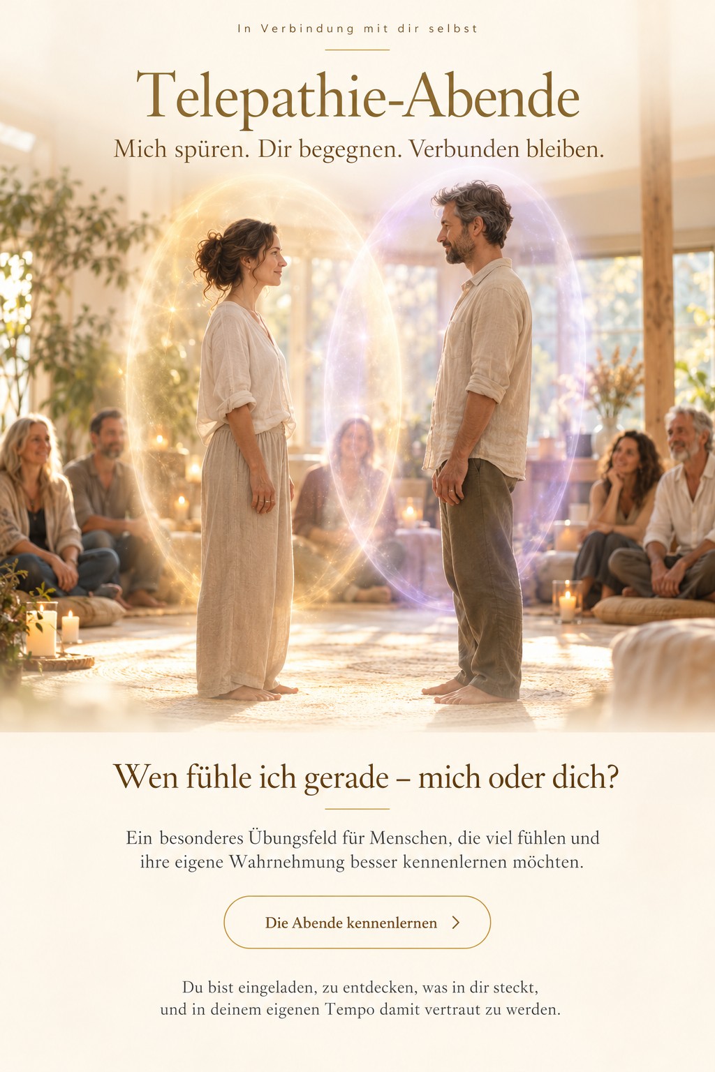 Zwei Menschen begegnen einander vor einer Gruppe. Goldene und lavendelfarbene Lichtfelder symbolisieren ihren eigenen Raum und die Begegnung.